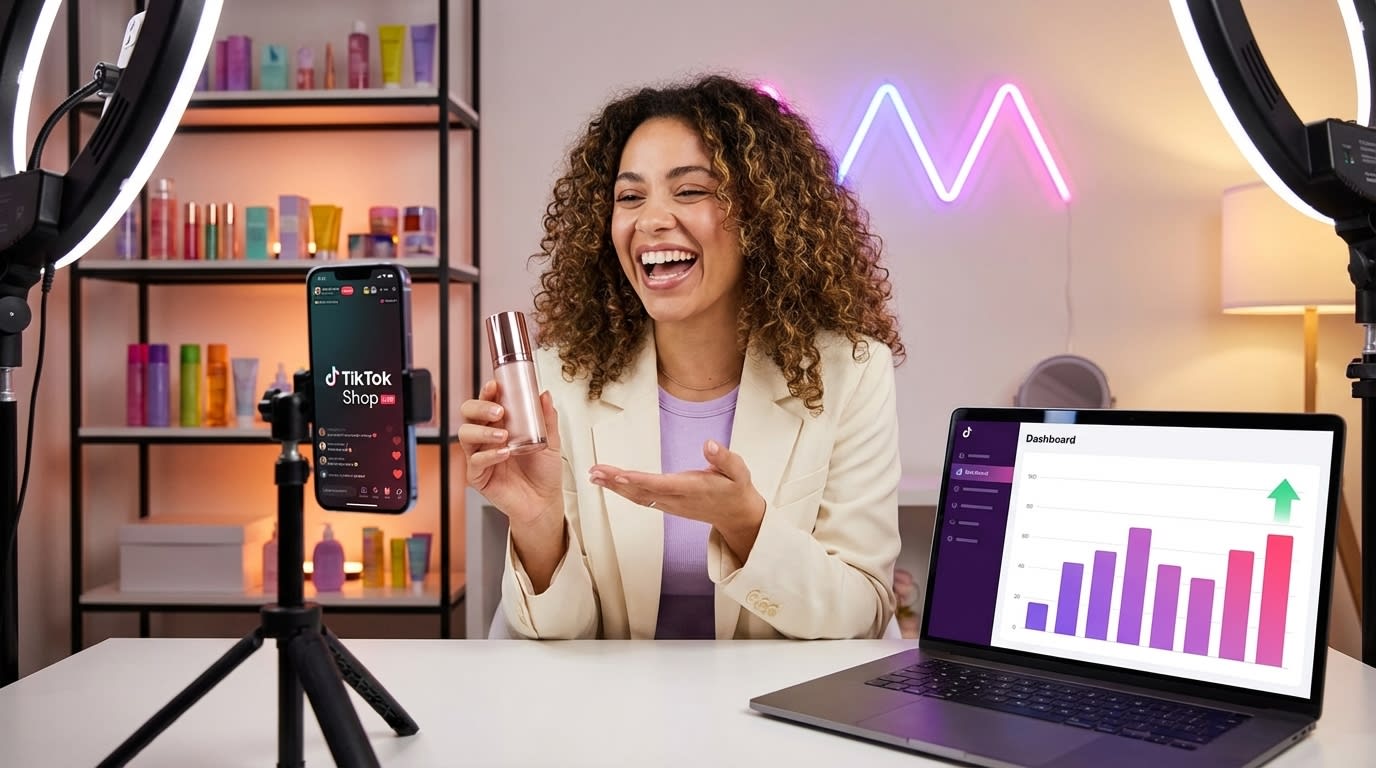 Confident content creator filming TikTok Shop product demo in professional studio setup with ring light and product display