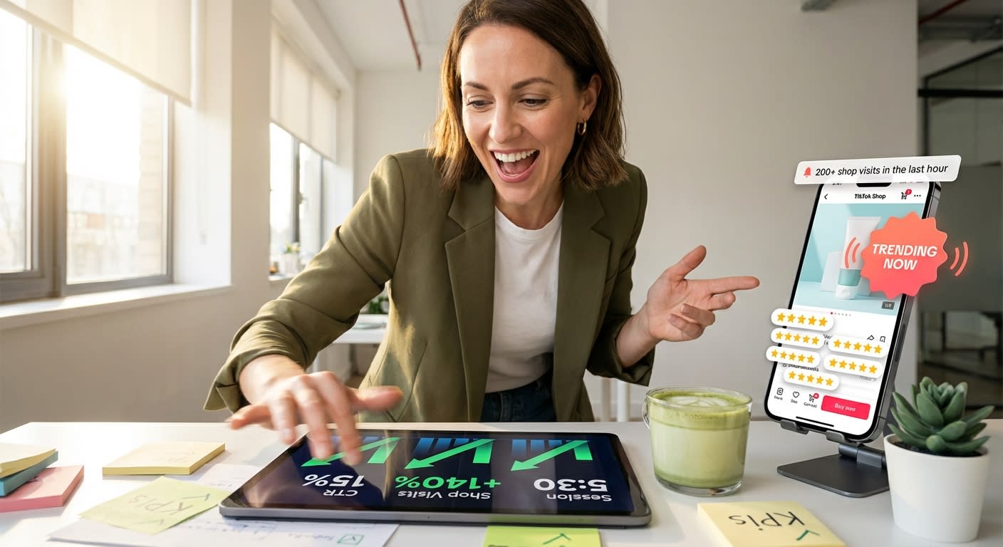 Entrepreneur reviewing TikTok Shop traffic campaign analytics on tablet with trending product page on phone