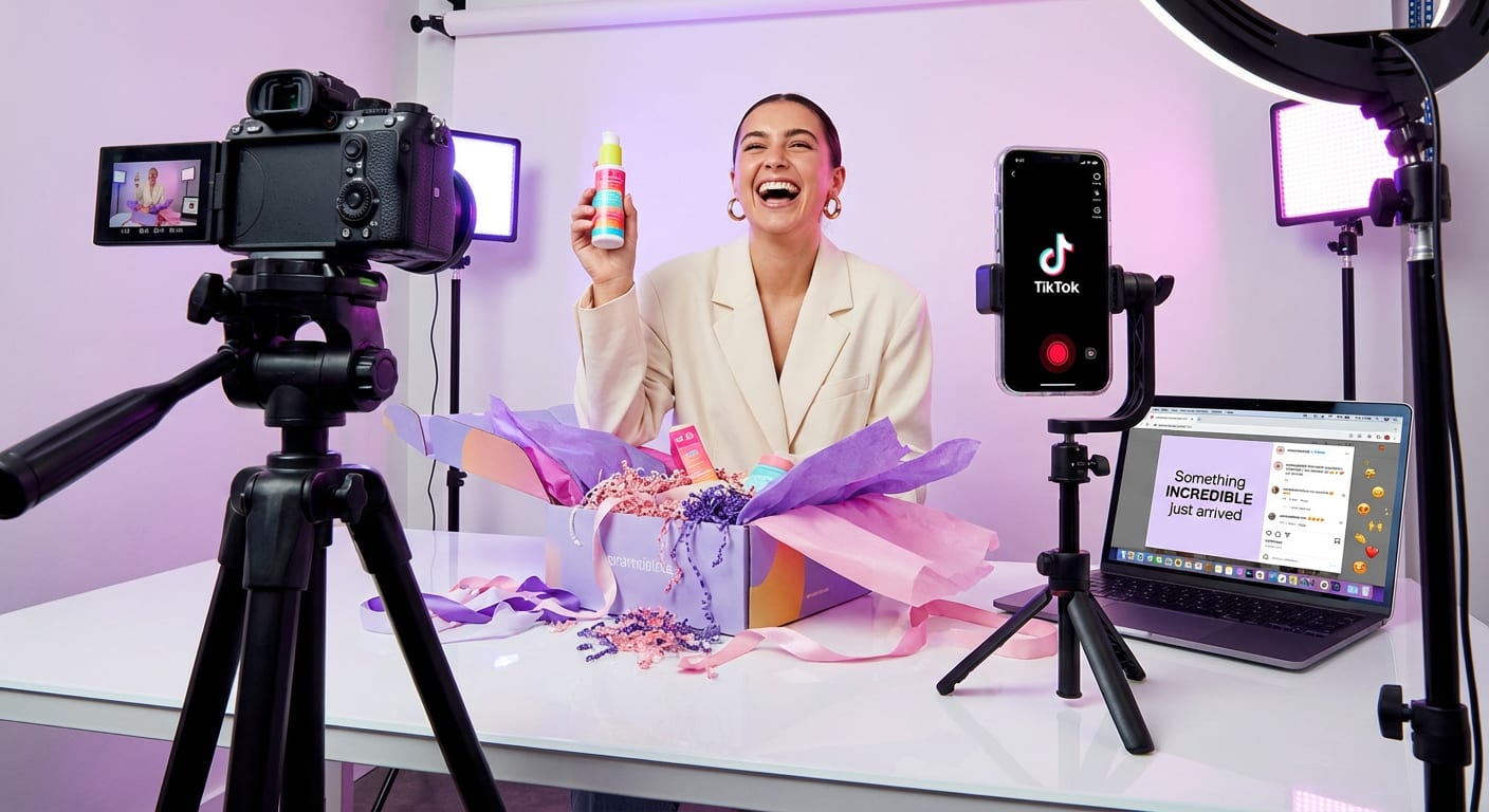 Excited creator unboxing TikTok Shop product seeding package while filming with phone on tripod and ring light