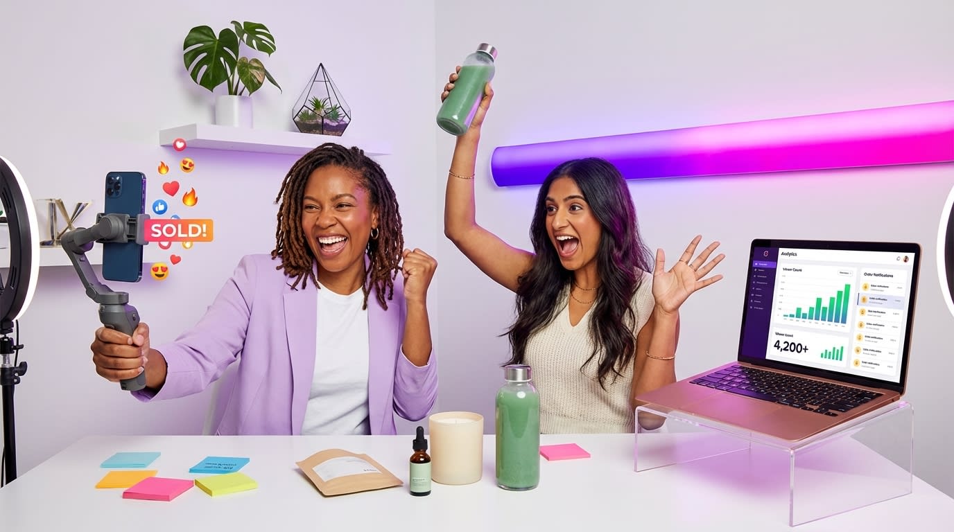 Creator duo hosting energetic TikTok Shop live stream with heart emojis flooding chat and real-time sales analytics visible