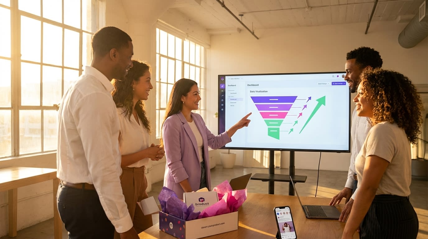 E-commerce brand team viewing full-funnel TikTok Shop campaign strategy dashboard at modern headquarters during golden hour