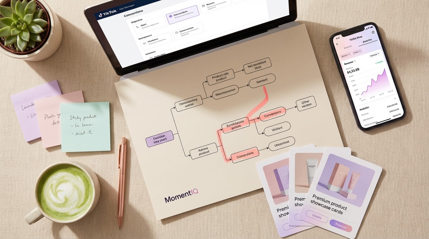 Flat lay of TikTok Shop campaign objective decision tree flowchart with phone analytics and organized planning materials