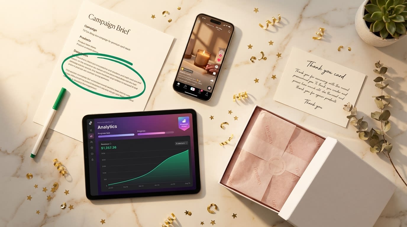 Flat lay showing TikTok Shop success journey from campaign objective selection through product sale and branded packaging