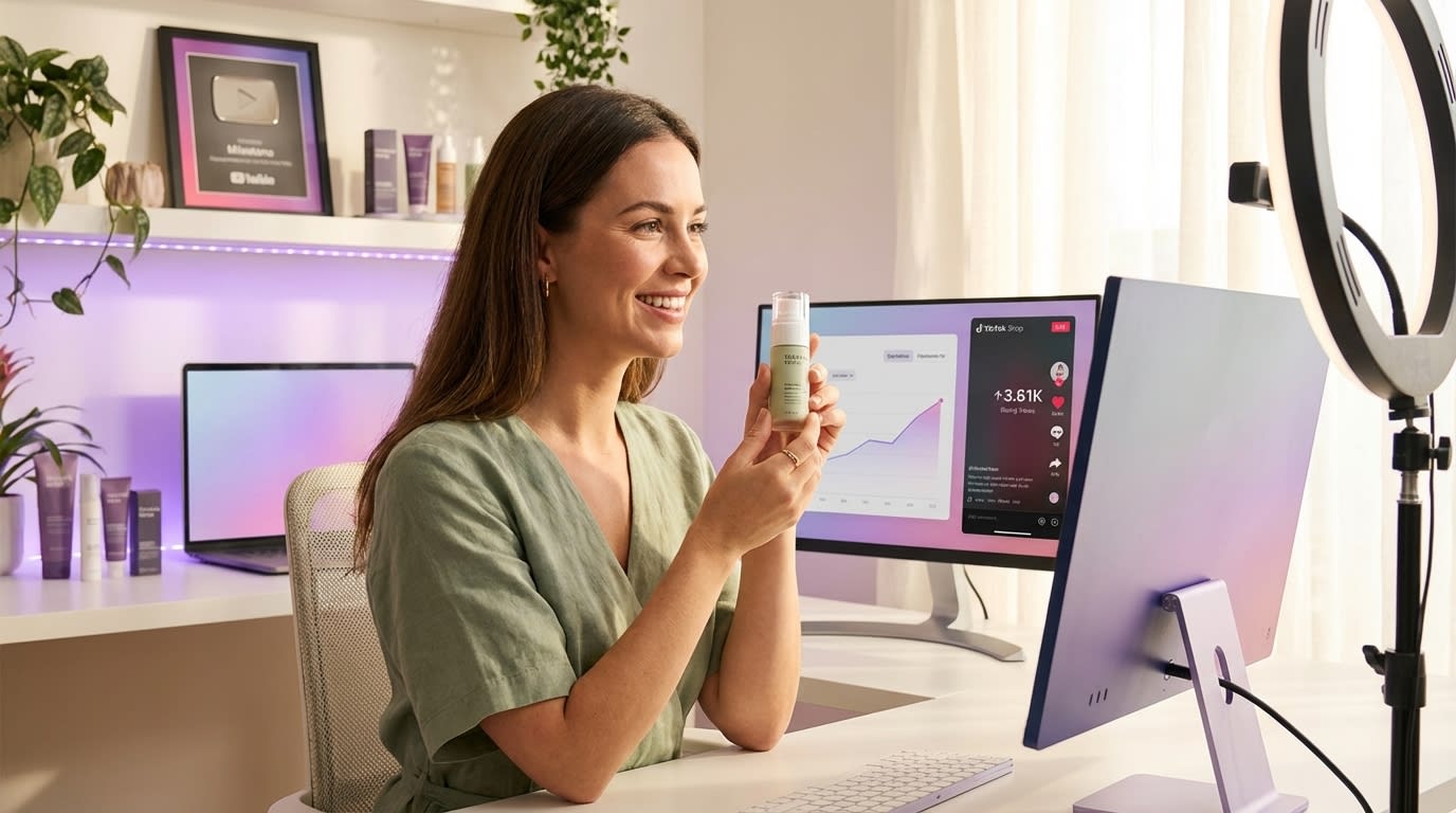Lifestyle creator confidently demonstrating TikTok Shop product in professional multi-camera studio with live sales interface visible