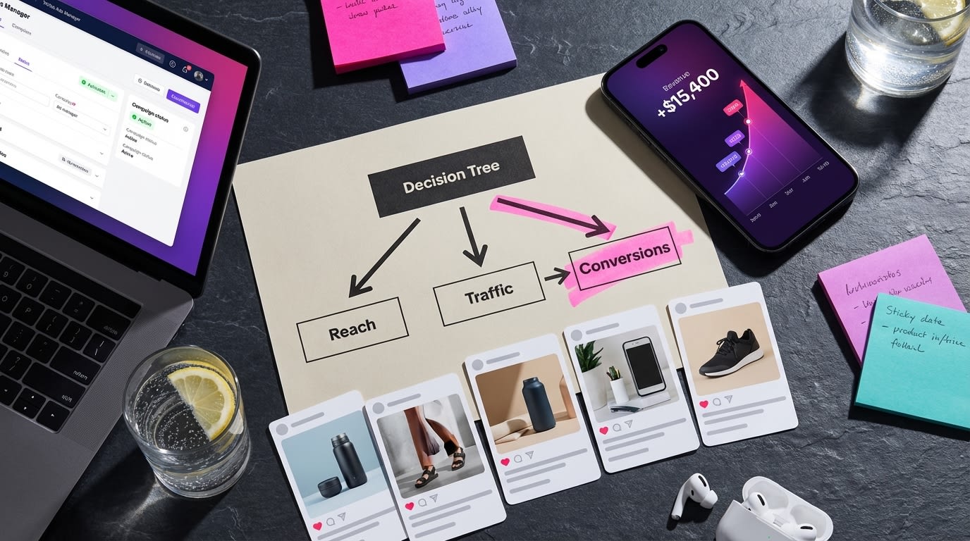 Flat lay of TikTok Shop campaign objective planning with phone showing ad manager, analytics, and branded products