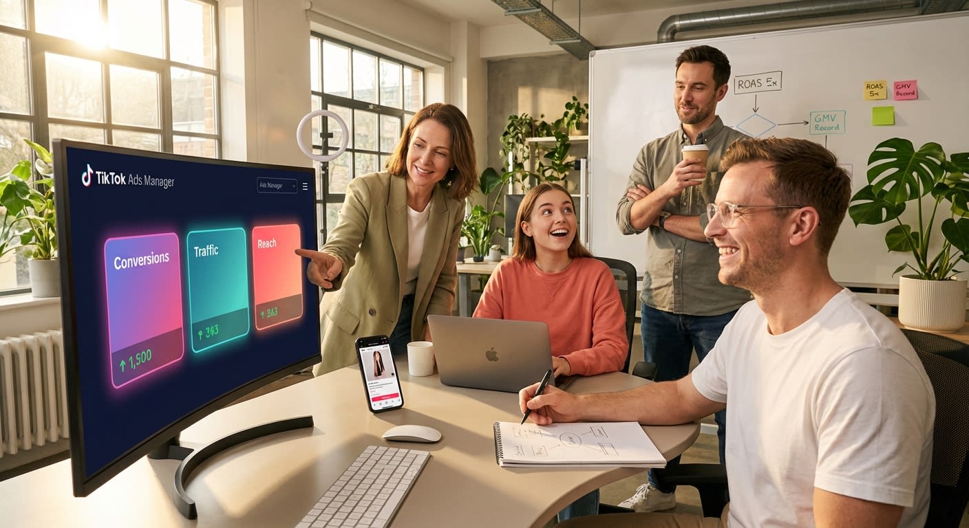 Marketing team confidently reviewing TikTok Shop campaign objectives on a dashboard screen during a strategy session
