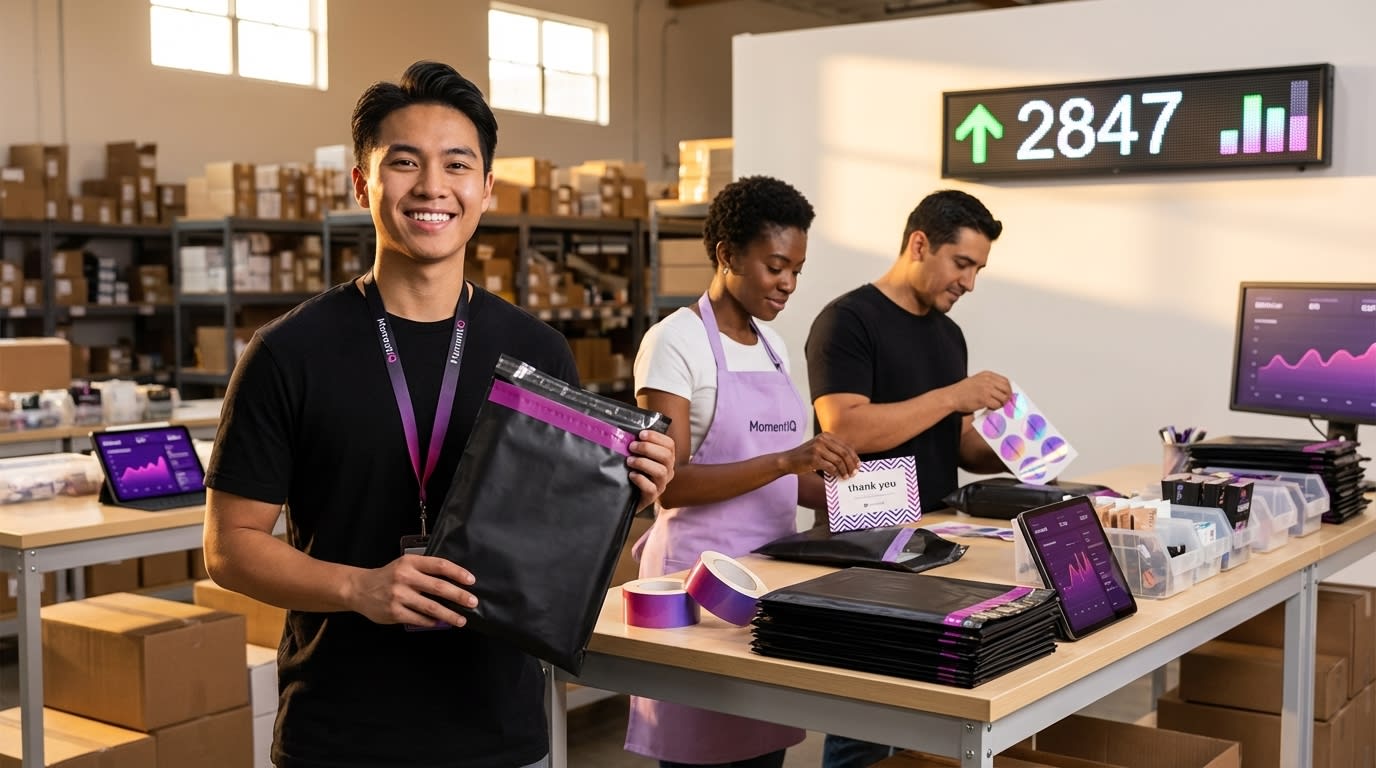 TikTok Shop fulfillment team packing branded orders at scale with daily order count scoreboard showing 2847 orders