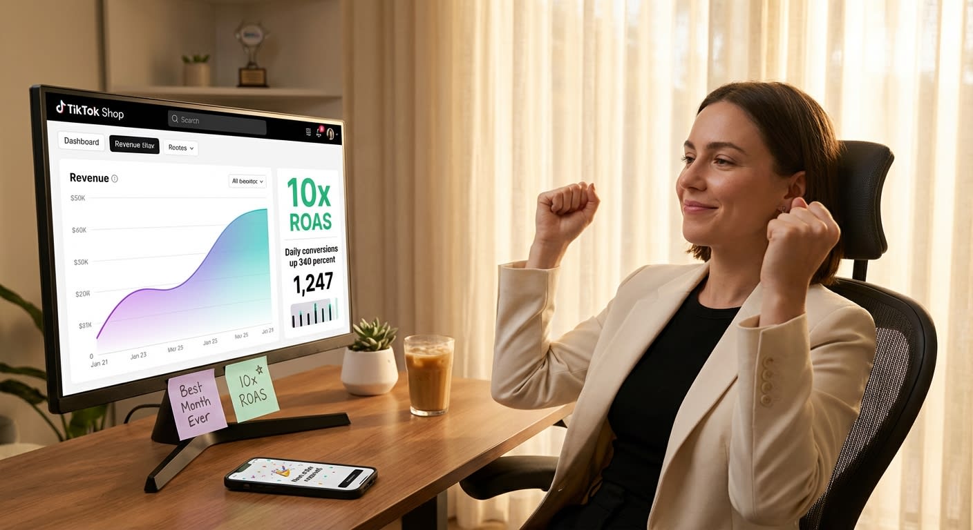 TikTok Shop seller celebrating record revenue on sales dashboard showing upward conversion trends