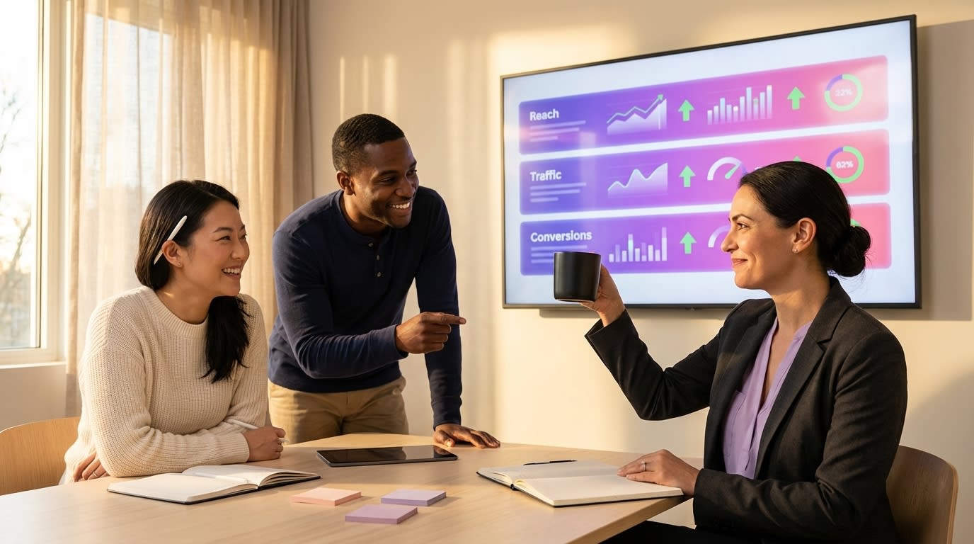 Team war room with TikTok Shop dashboard showing stacked campaign objectives delivering strong impressions clicks and conversions