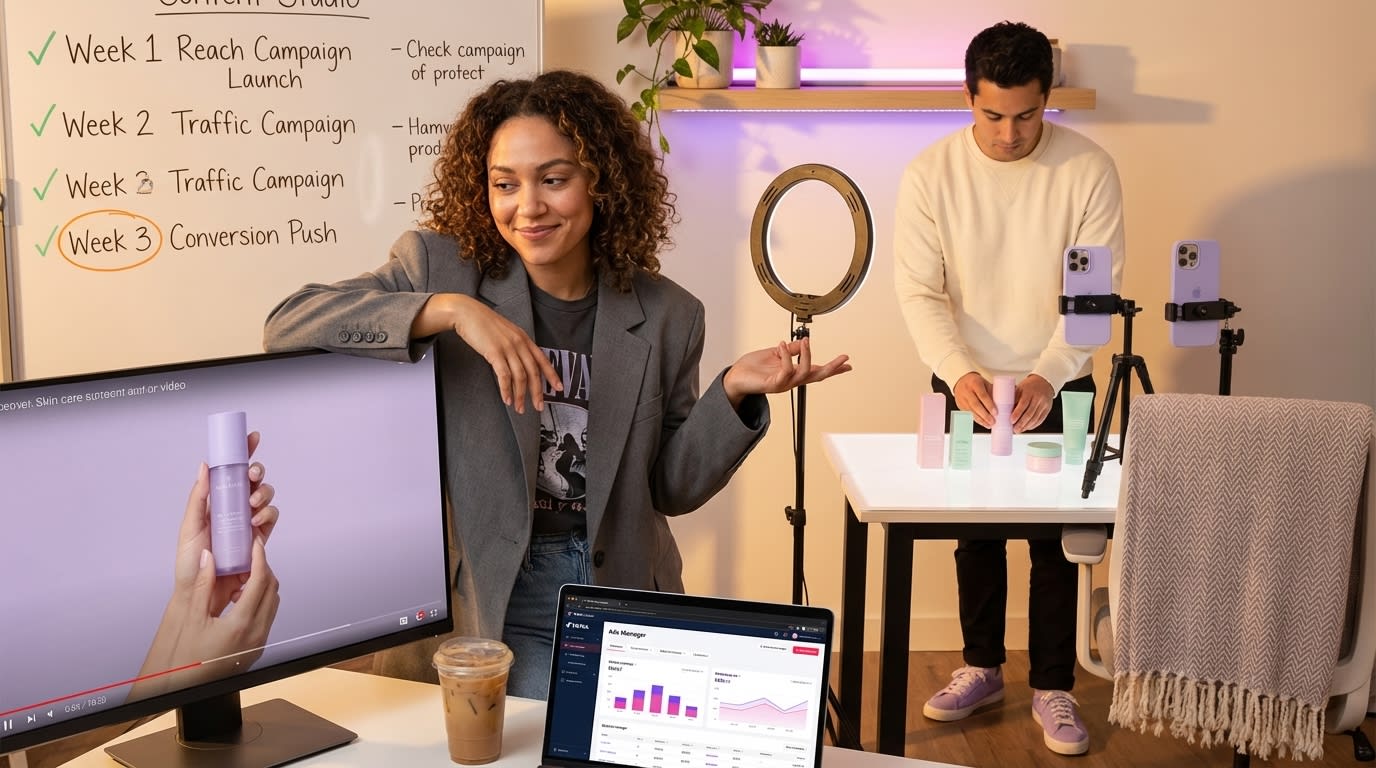 TikTok Shop content team reviewing footage with campaign objective timeline whiteboard showing strategic rollout plan