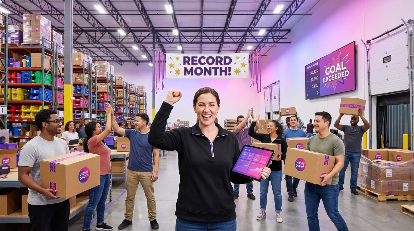 TikTok Shop warehouse team celebrating record month with organized inventory and real-time order routing from multiple campaign objectives