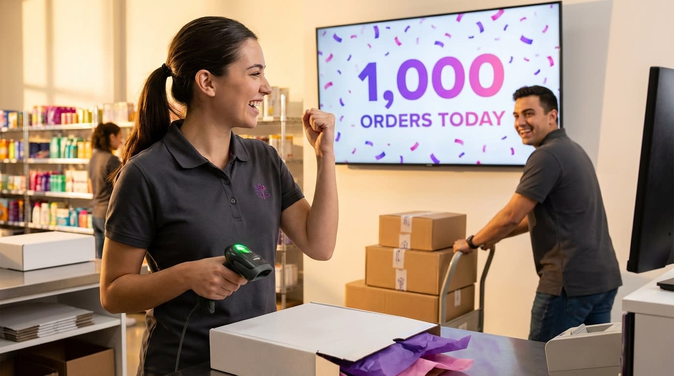 TikTok Shop warehouse team fulfilling orders with celebratory 1000 orders milestone displayed on screen