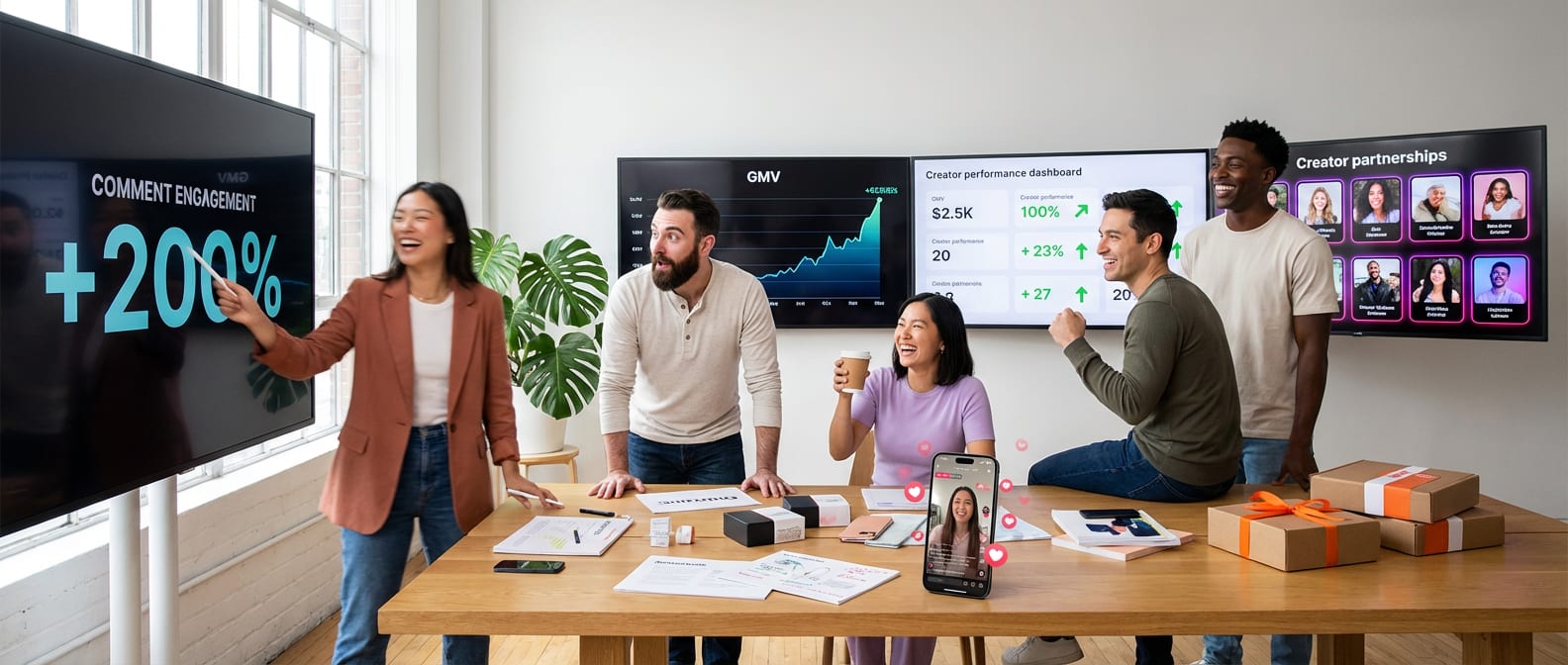 Brand team excitedly reviewing TikTok Shop live stream conversion funnel strategy on a large screen in a modern war room