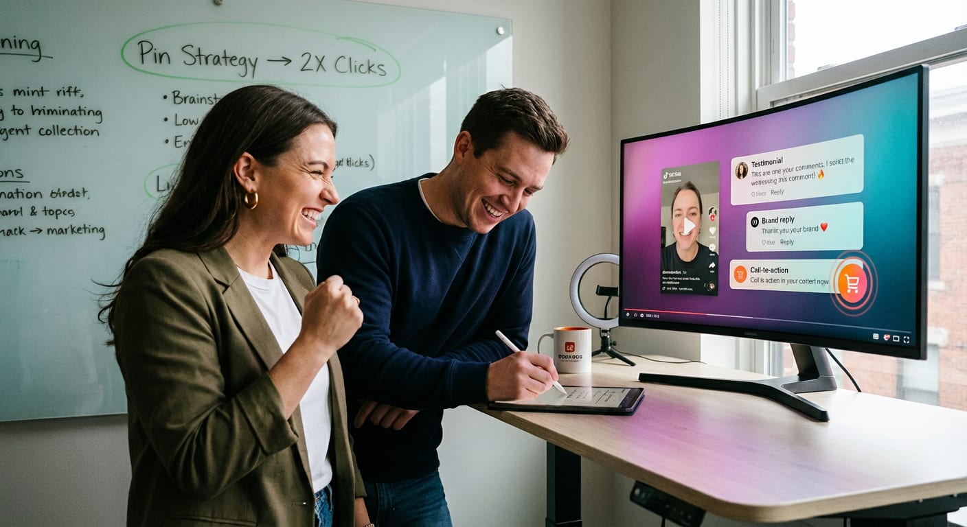 TikTok Shop brand team celebrating successful comment pinning strategy with 2X click results on screen
