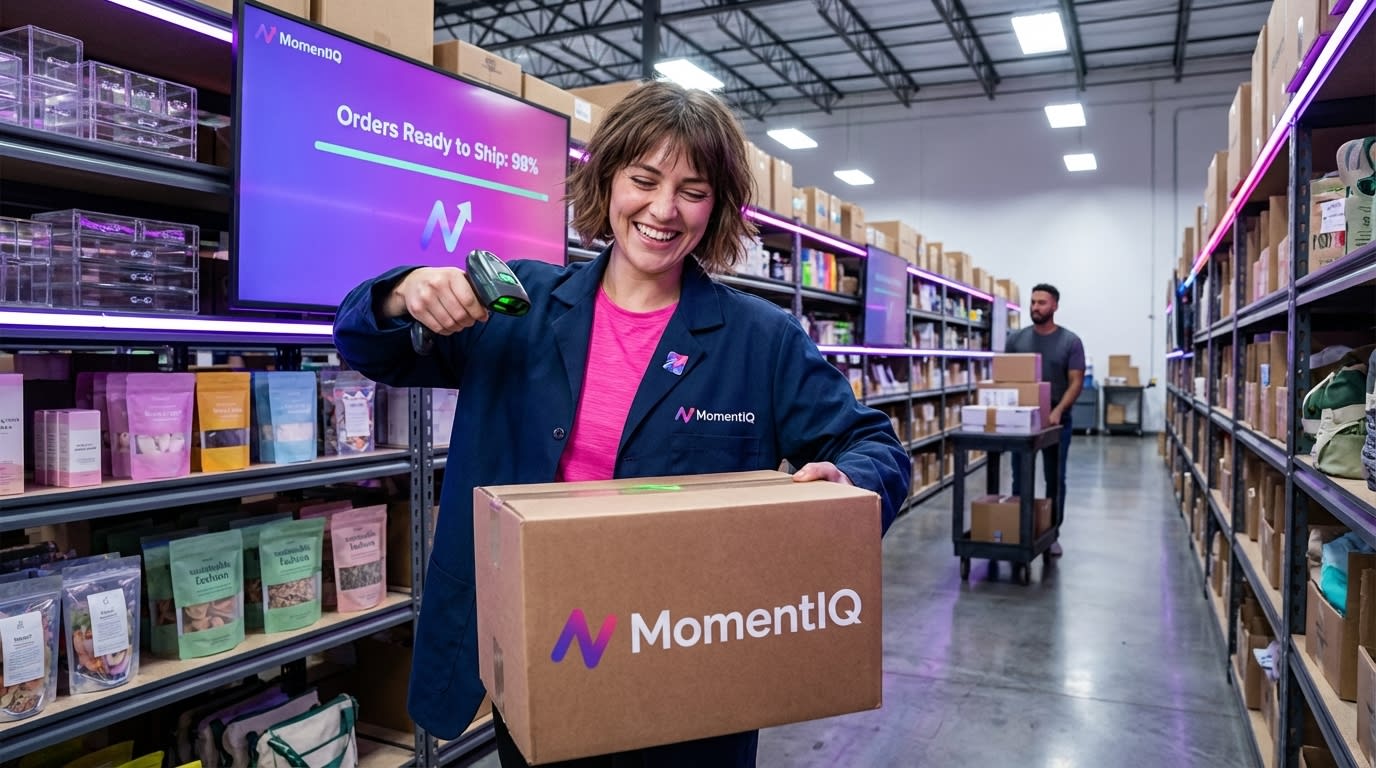 Cheerful warehouse team member confidently scanning a branded TikTok Shop order for dispatch in an organized fulfillment center.