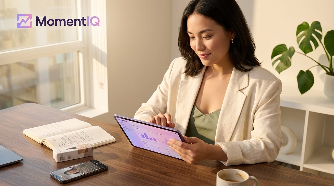 Confident entrepreneur using a TikTok Shop competitor analysis toolkit on a tablet, ready for growth.