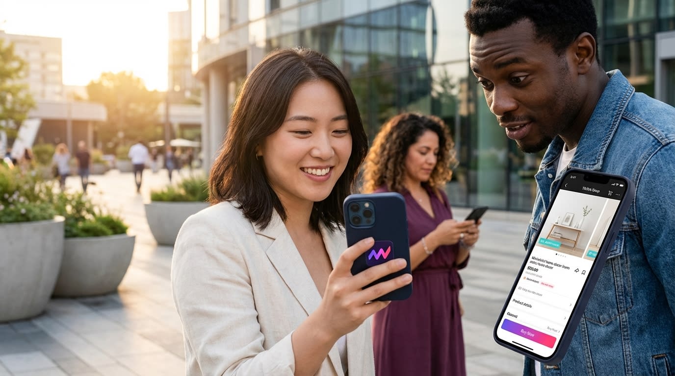 Diverse, happy people engaging with TikTok Shop on their phones in a modern urban environment.