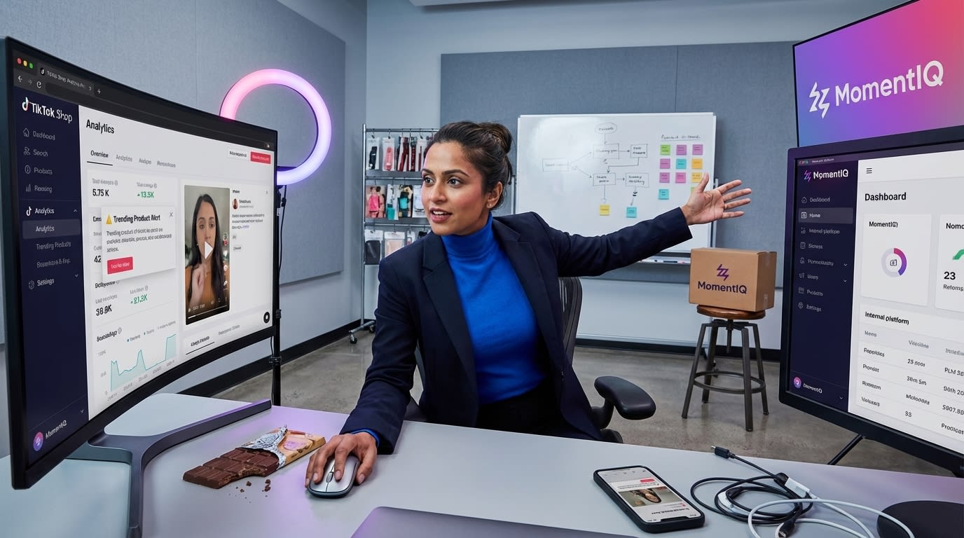 Creative director quickly strategizing on a trending TikTok Shop product video in her studio.
