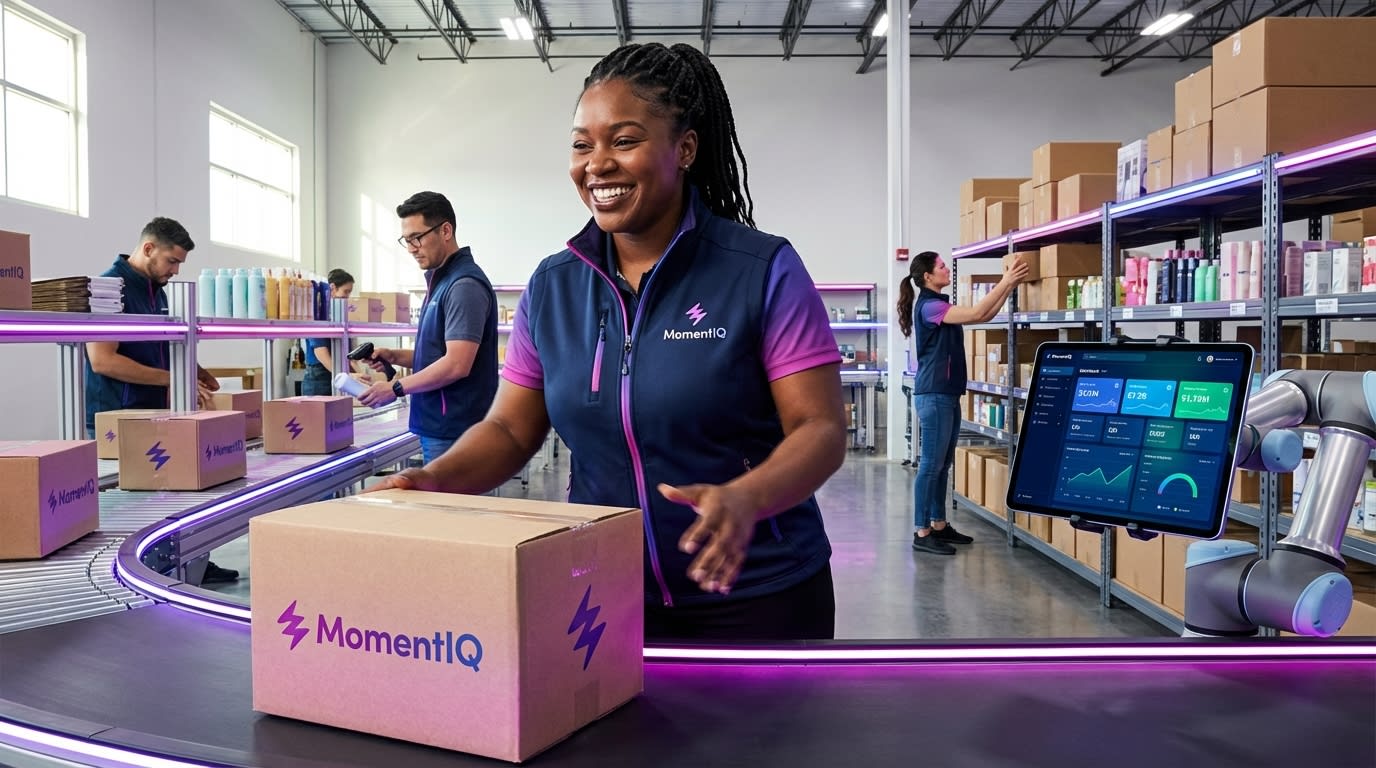 Efficient warehouse worker packing branded TikTok Shop orders, with a tablet showing fulfillment data.
