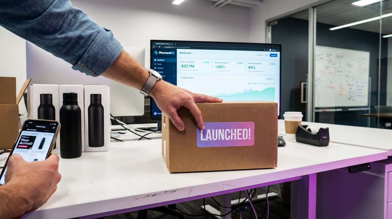 Flat lay of a new product launch on TikTok Shop, with a phone showing the new listing and branded packaging.