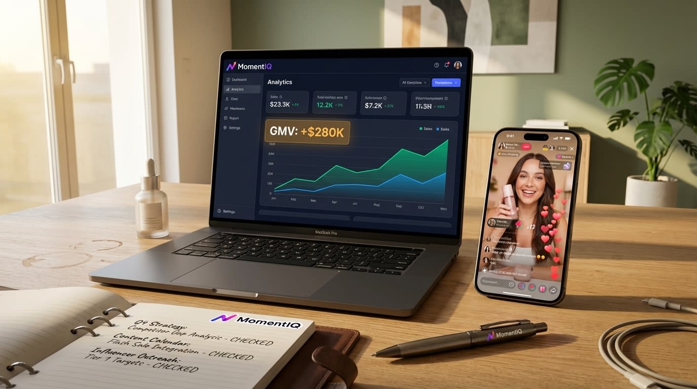 Flat lay showing a laptop with TikTok Shop growth statistics and a phone displaying a successful live stream.