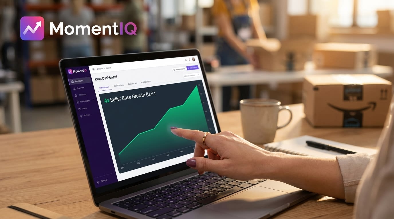 Laptop showing TikTok Shop's 4x U.S. seller base growth, with a busy fulfillment center in the background.