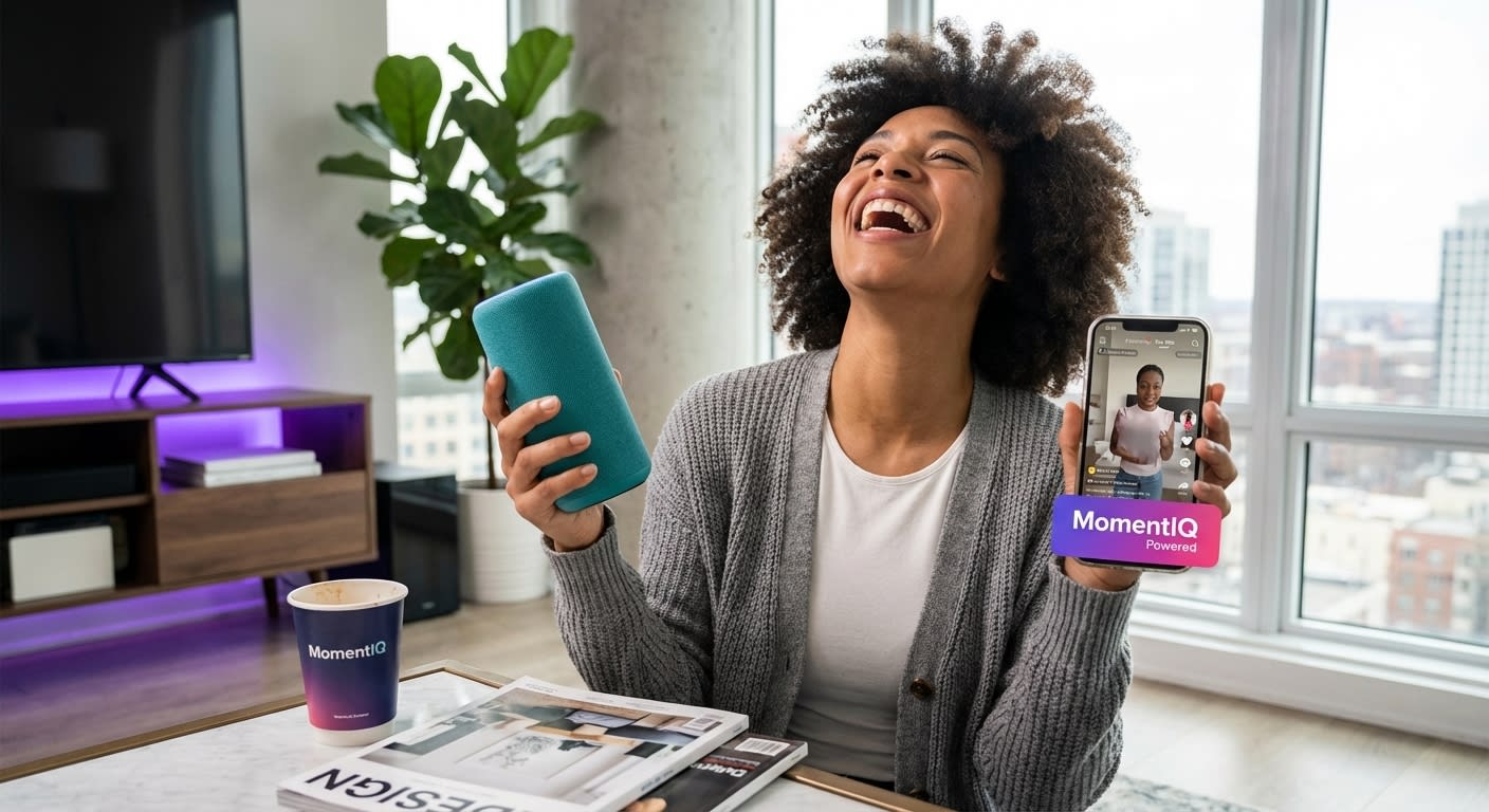 Happy customer unboxing a TikTok Shop product, with her phone showing the order confirmation.