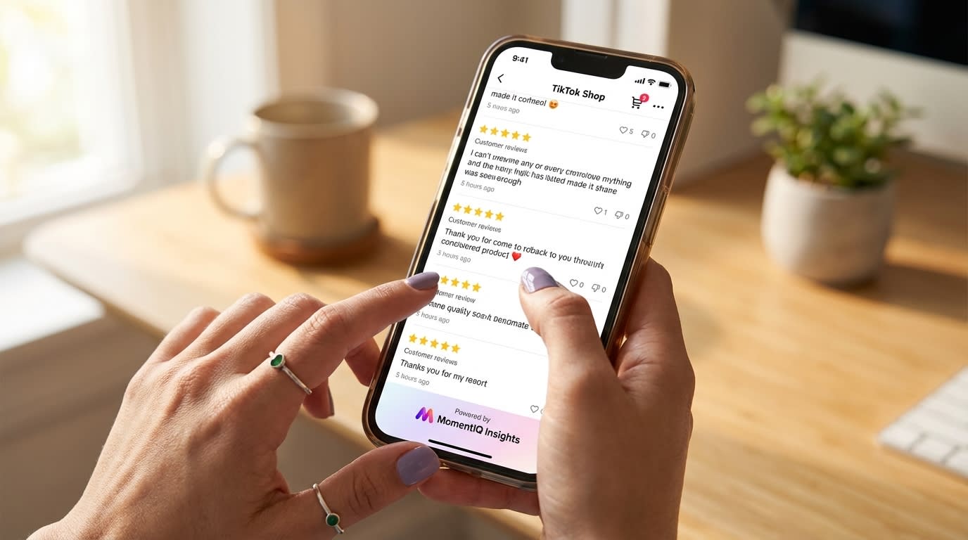 Phone screen showing a TikTok Shop product page with abundant glowing 5-star reviews.