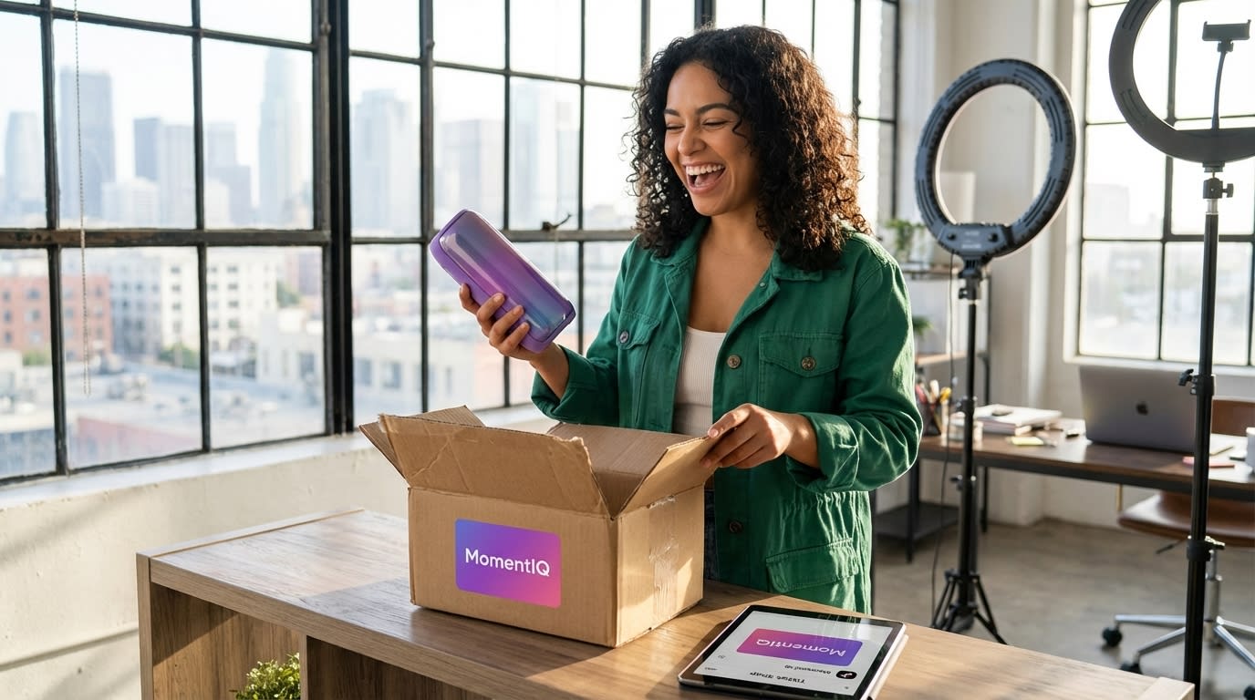 Happy customer unboxing a TikTok Shop product, with her phone showing the order confirmation.