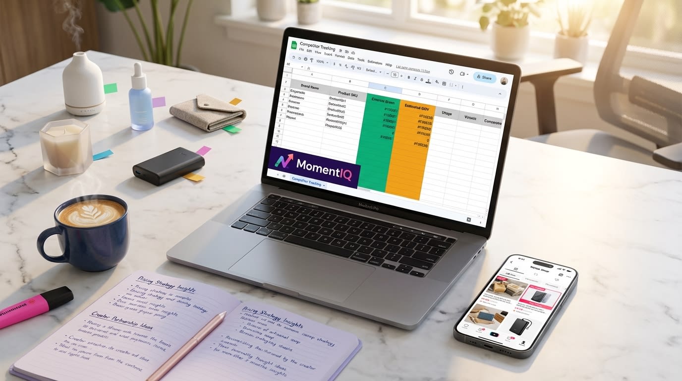 Organized flat lay of TikTok Shop competitor research tools including spreadsheet laptop and product samples