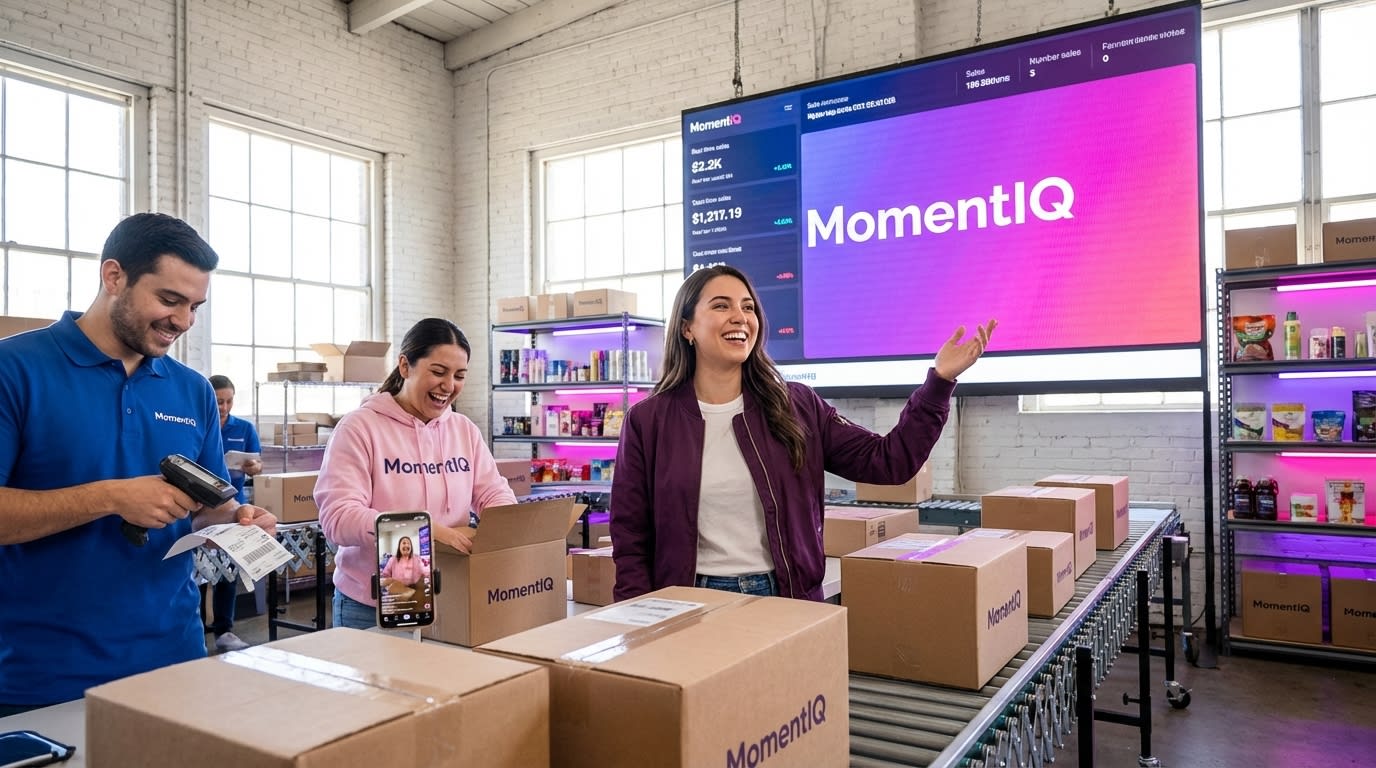 Successful TikTok Shop entrepreneur in organized fulfillment warehouse with growth dashboard showing record sales