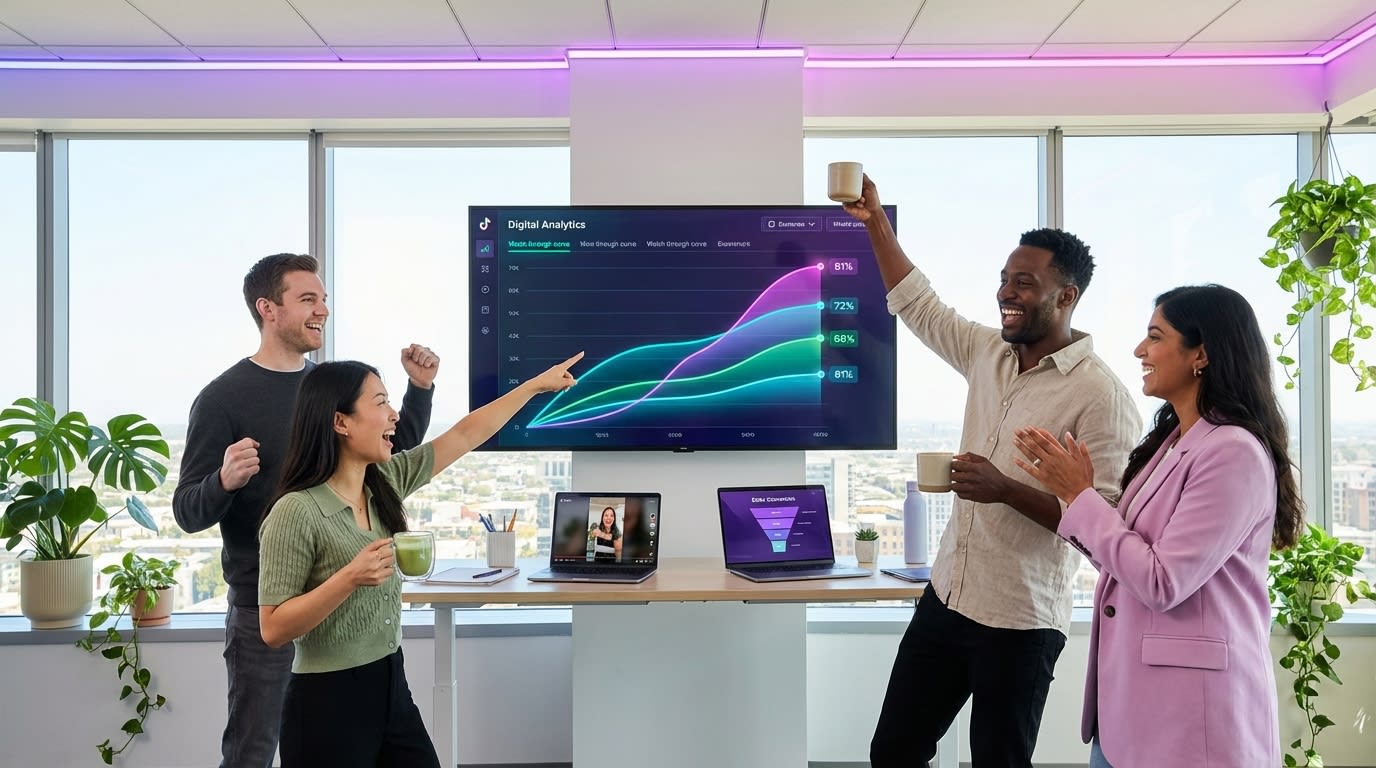 Analytics team celebrating strong TikTok Shop watch-through curve metrics on large dashboard display in modern agency office