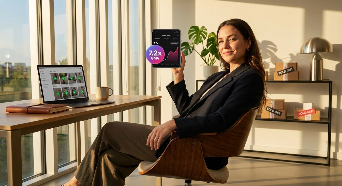 Confident TikTok Shop seller reviewing 7.2x GMV growth on phone dashboard in modern office