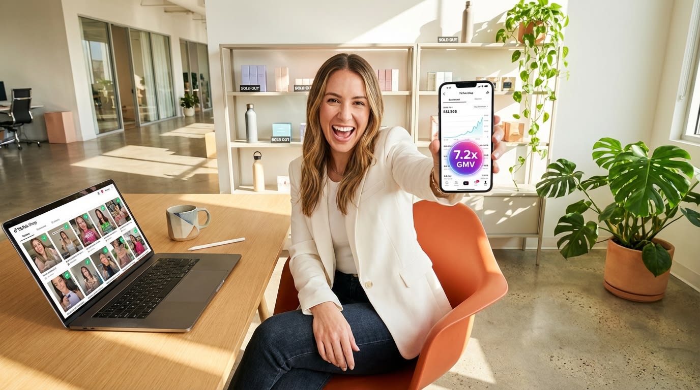 Confident TikTok Shop seller reviewing 7.2x GMV growth on phone dashboard in modern office
