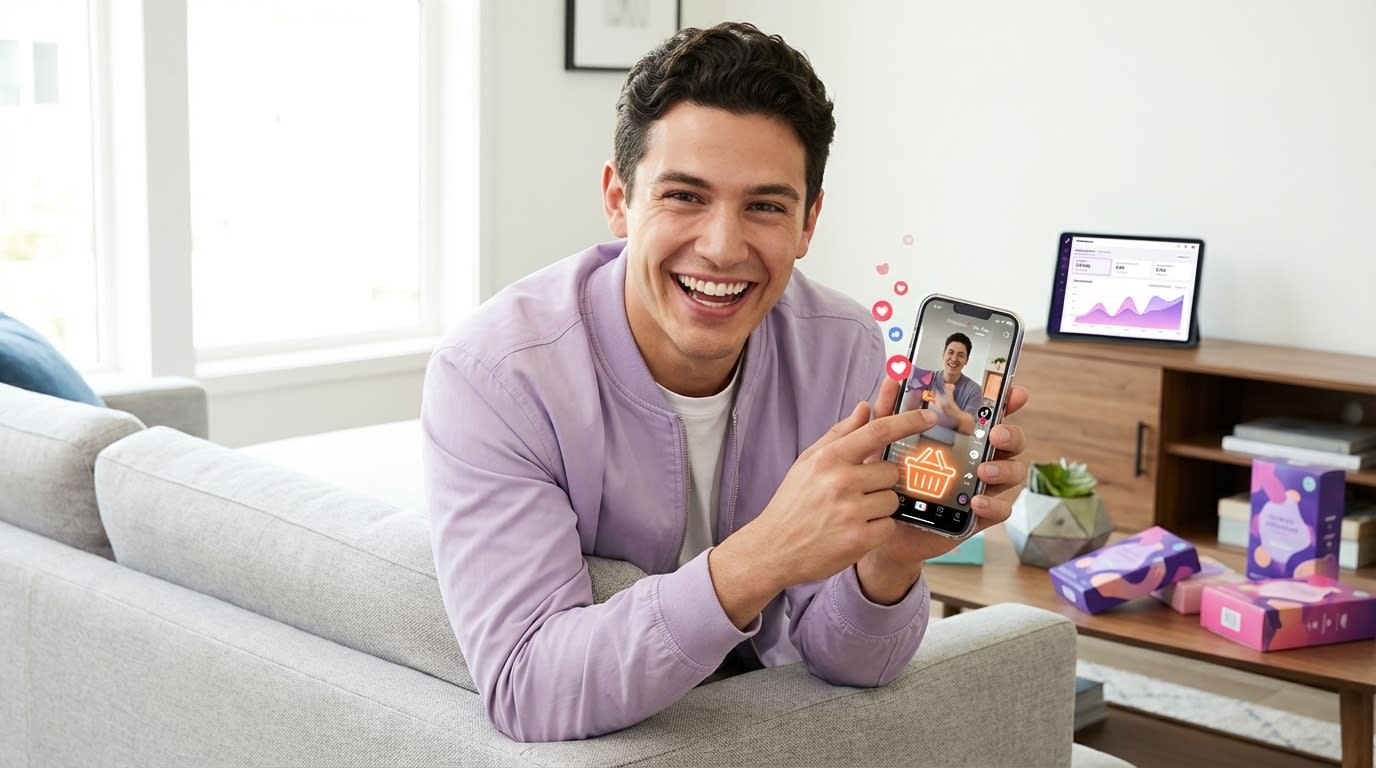 Engaged viewer watching TikTok Shop product video on phone with replay intent showing high watch-through signal