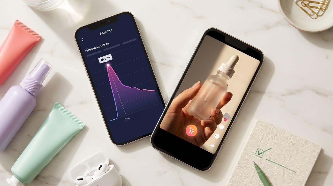 Flat lay comparing TikTok Shop video watch-through curve analytics with product video frame on two phones