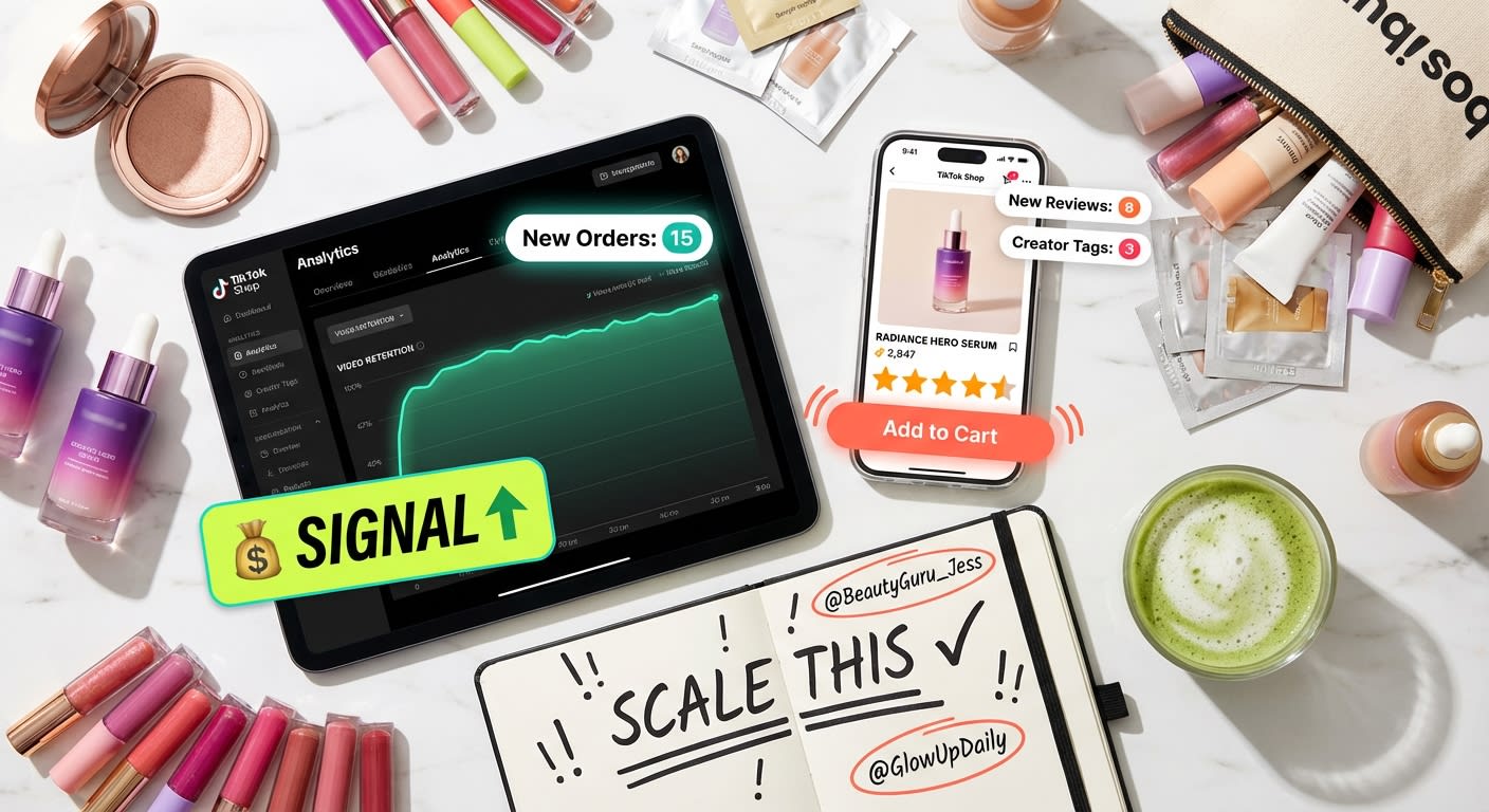 Flat lay of tablet showing TikTok Shop video retention plateau curve with products and analytics notes
