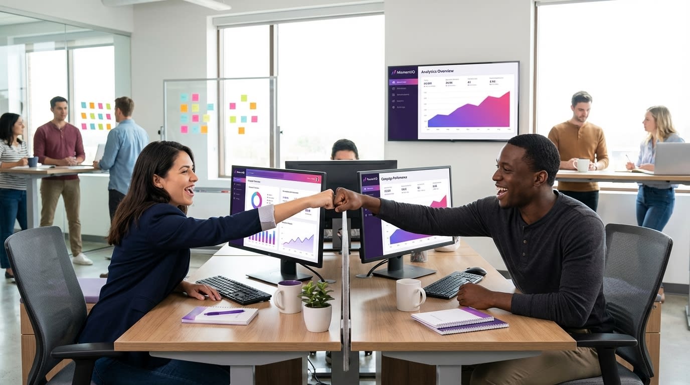 MomentIQ analytics team celebrating multiple TikTok Shop videos hitting high-signal indicators on real-time dashboard