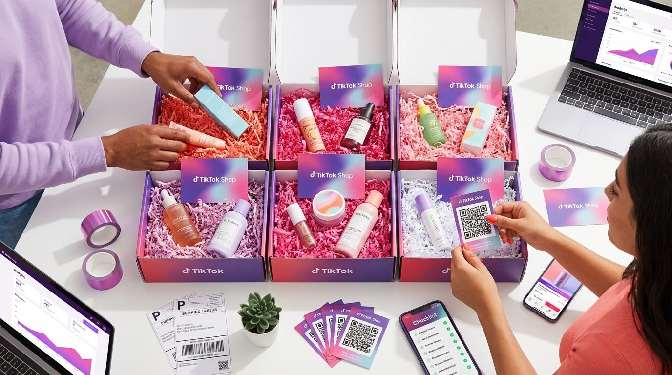 Overhead view of TikTok Shop product seeding packages being prepared for creator partnerships with personalized notes
