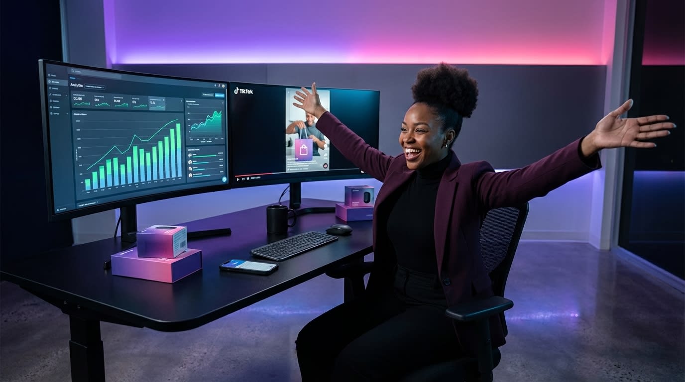 Split-screen TikTok Shop analytics showing real-time video performance signals 47 minutes after posting with upward indicators