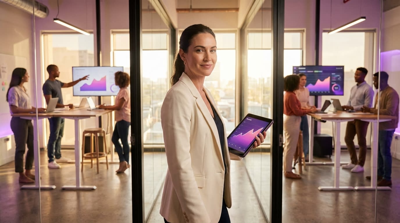 TikTok Shop brand founder confidently reviewing hockey-stick revenue growth on tablet walking through modern team office