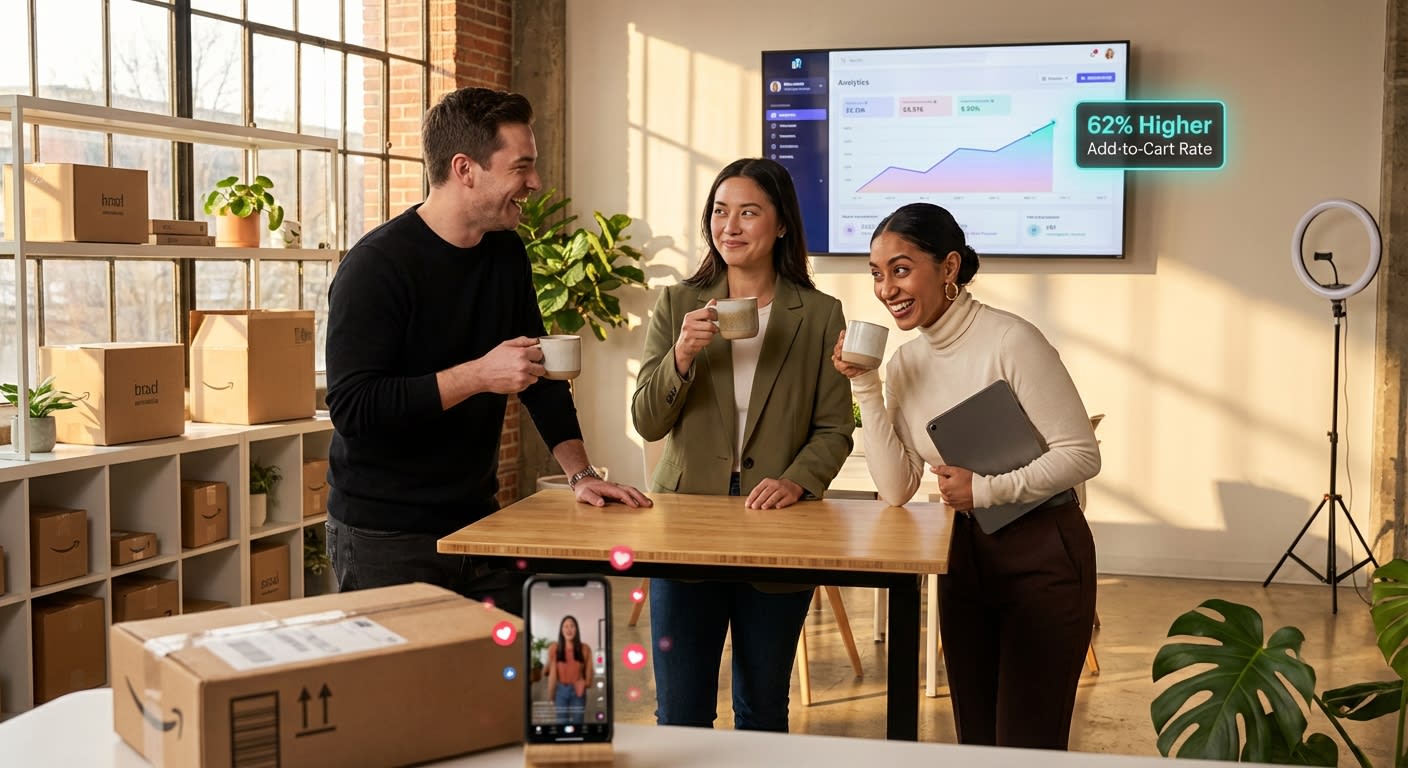 TikTok Shop marketing team celebrating strong share-to-save ratio analytics on large dashboard screen