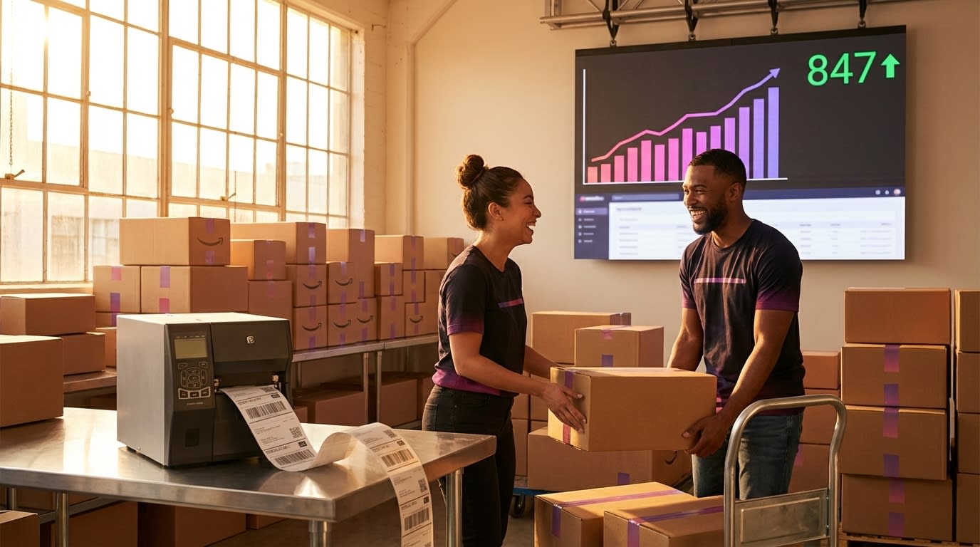TikTok Shop warehouse at golden hour with branded shipping boxes order count display and fulfillment team working efficiently