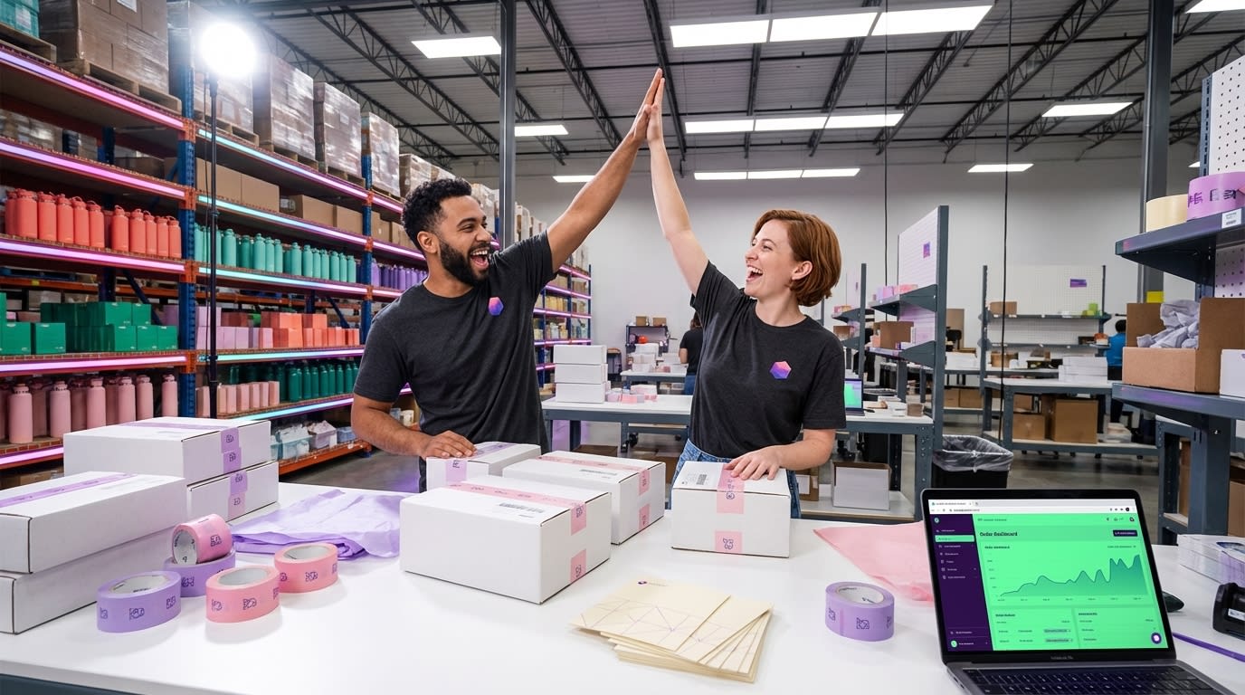 TikTok Shop fulfillment team celebrating order surge in organized warehouse with shipping boxes and orders dashboard