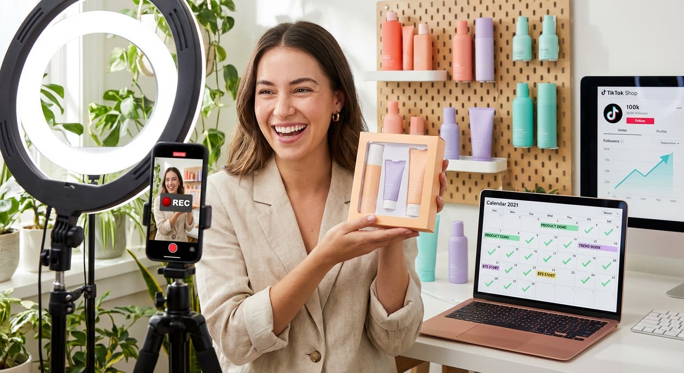 Brand social media manager confidently filming TikTok Shop product demo in a well-organized creator studio with daily content schedule visible
