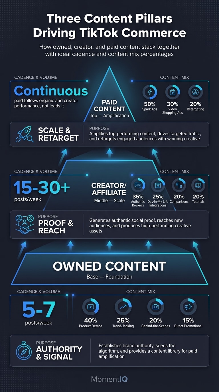 Pyramid infographic showing TikTok Shop three content pillars with owned content at the base posting 5-7 times weekly, creator content in the middle at 15-30 posts weekly, and paid content at the top running continuously with content mix breakdowns