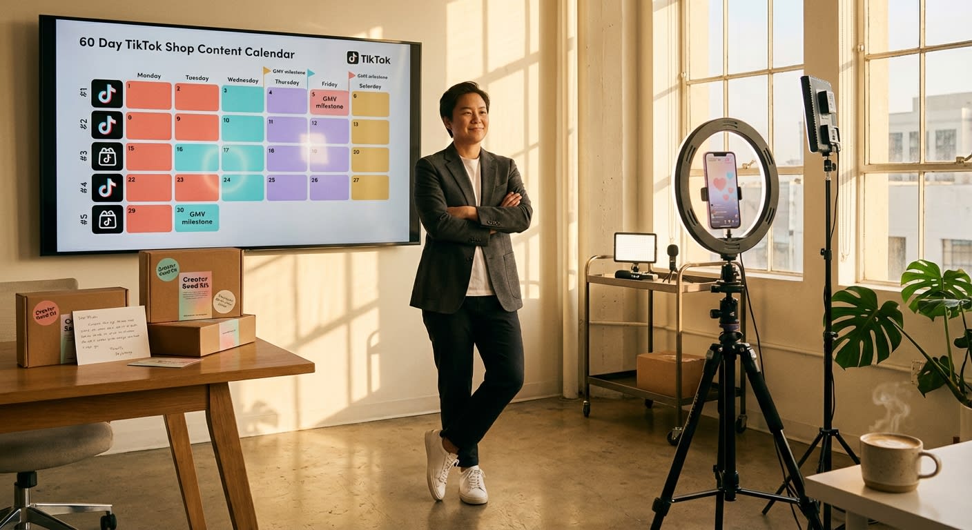 Confident TikTok Shop brand founder standing in front of a 60-day content calendar display with product inventory and creator filming setup