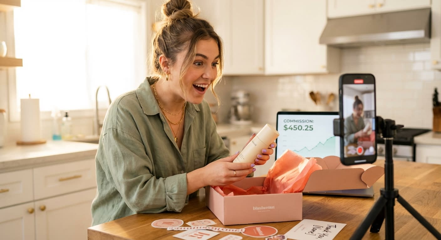 Excited creator unboxing a TikTok Shop product seeding package while filming with affiliate earnings dashboard in background
