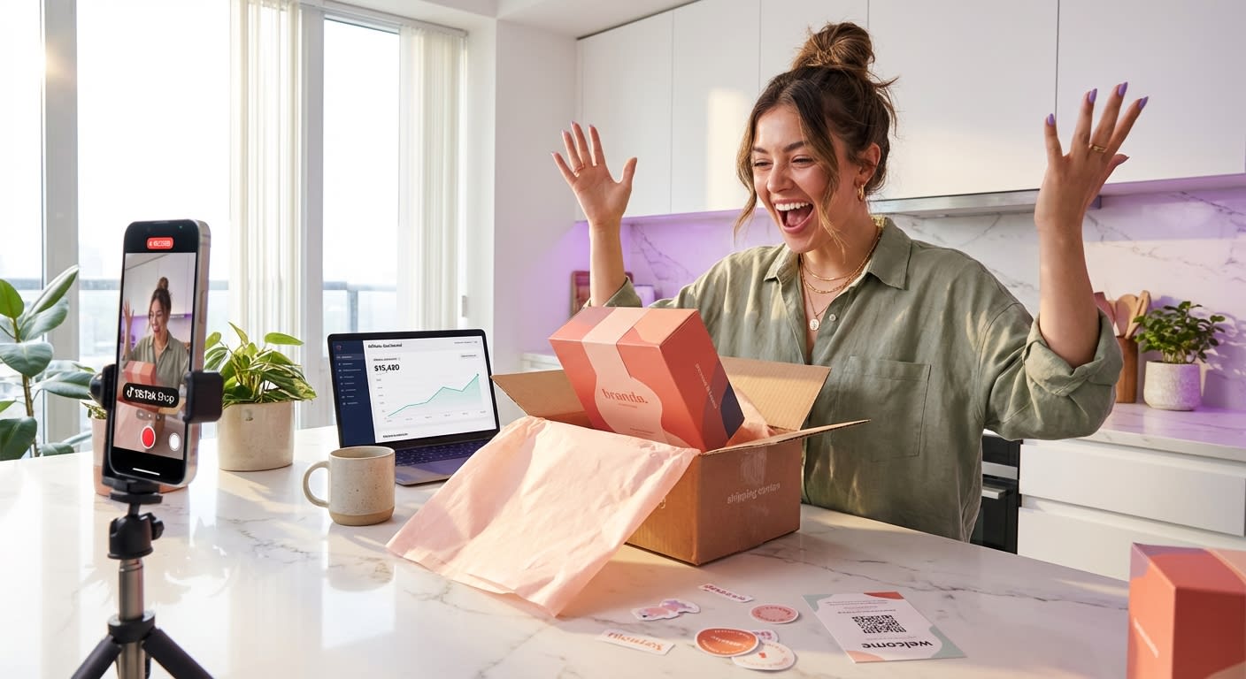 Excited creator unboxing a TikTok Shop product seeding package while filming with affiliate earnings dashboard in background