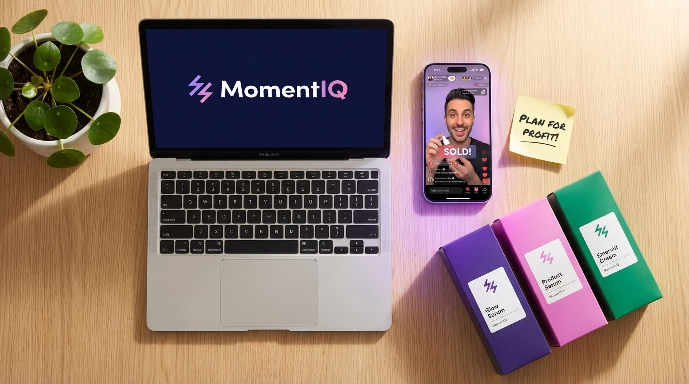 Flat lay of a TikTok Shop content calendar blueprint, live stream sales, and branded product boxes